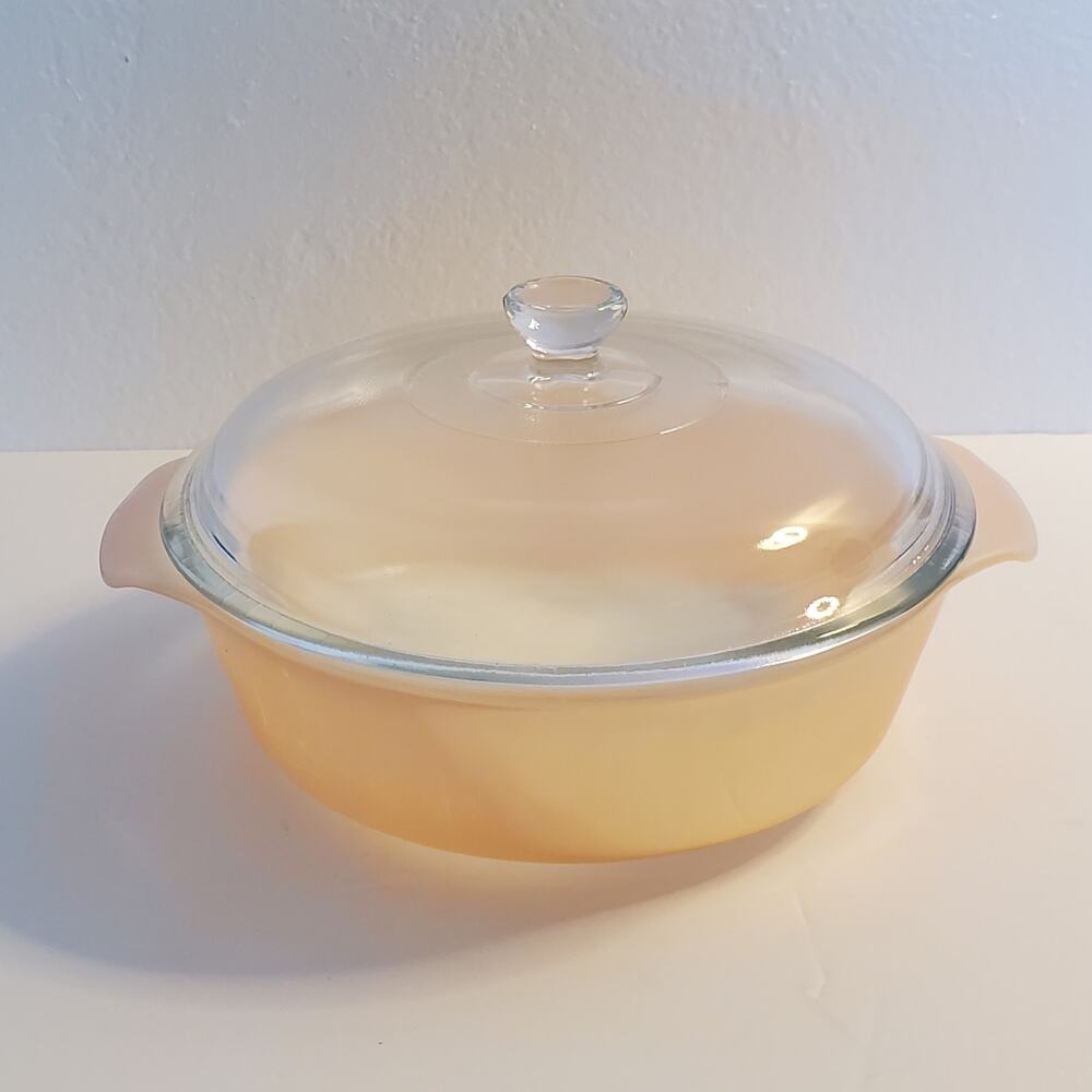 Vintage Anchor Hocking 437 Peach Luster Ware Fire King 1.5 Qt Casserole with Lid